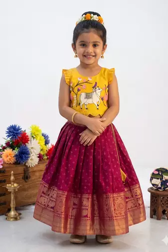 New trendy designer kids girls yellow & red silk pichwai cow motif lehenga choli set