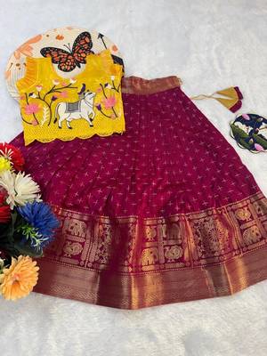 red thread work silk pattu pavadai set 4