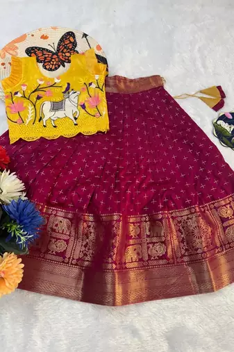 New trendy designer kids girls yellow & red silk pichwai cow motif lehenga choli set