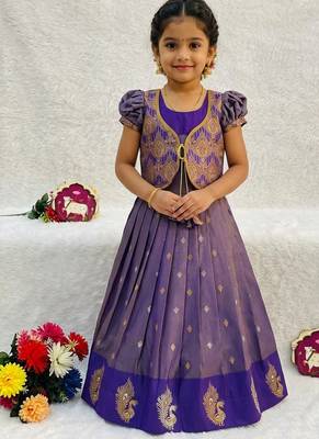New latest girls purple silk pattu pavadai lehenga choli set with brocade koti 3