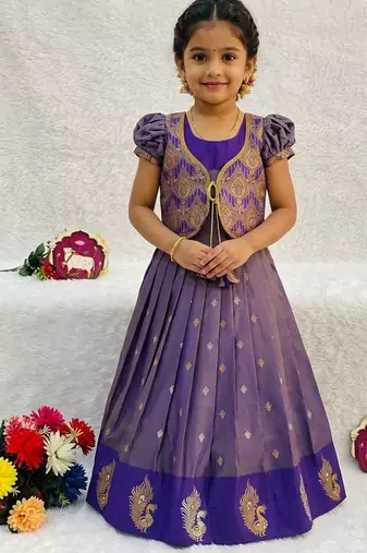 New latest girls purple silk pattu pavadai lehenga choli set with brocade koti