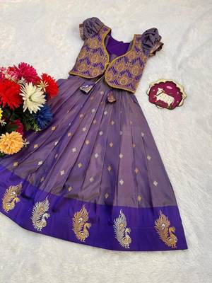 New latest girls purple silk pattu pavadai lehenga choli set with brocade koti 4