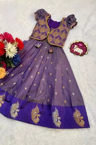 New latest girls purple silk pattu pavadai lehenga choli set with brocade koti