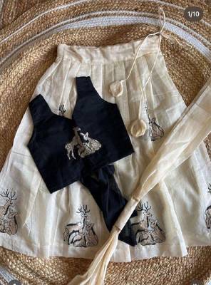  latest kids off-white silk lehenga with black velvet choli & deer embroidery motif 4