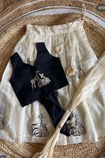  latest kids off-white silk lehenga with black velvet choli & deer embroidery motif