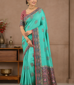 sea green printed pasmina print with dori silk saree