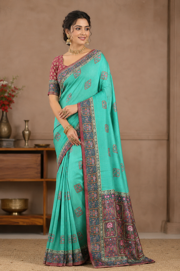 sea green printed pasmina print with dori silk saree