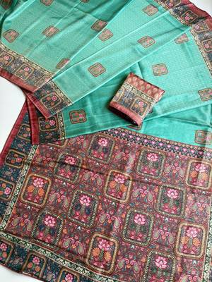 sea green printed pasmina print with dori silk saree 2
