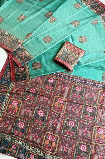 sea green printed pasmina print with dori silk saree