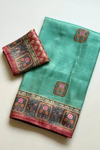 sea green printed pasmina print with dori silk saree