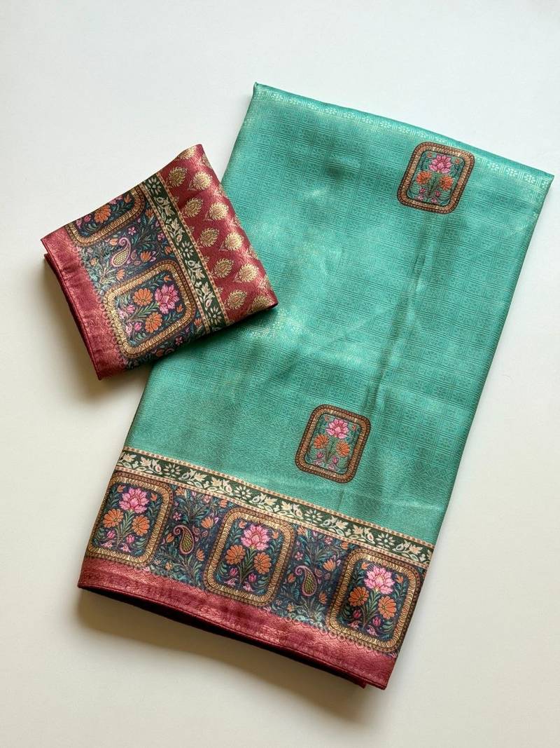 sea green printed pasmina print with dori silk saree