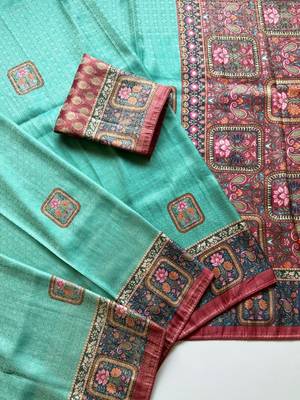 sea green printed pasmina print with dori silk saree 4