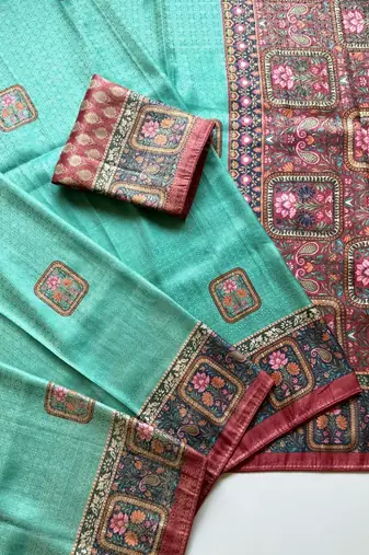 sea green printed pasmina print with dori silk saree