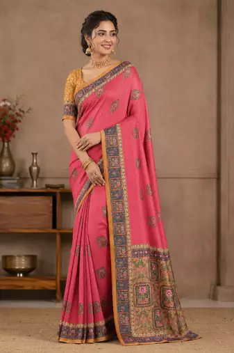 rani pink printed pasmina print with dori silk saree