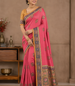 rani pink printed pasmina print with dori silk saree