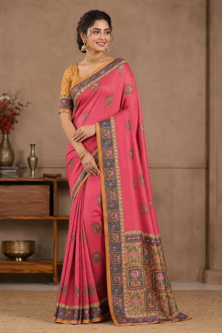 rani pink printed pasmina print with dori silk saree