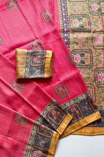 rani pink printed pasmina print with dori silk saree