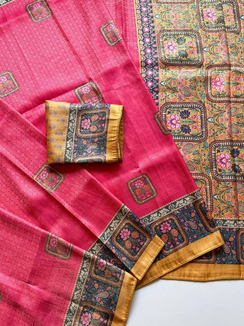 rani pink printed pasmina print with dori silk saree