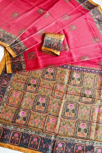 rani pink printed pasmina print with dori silk saree
