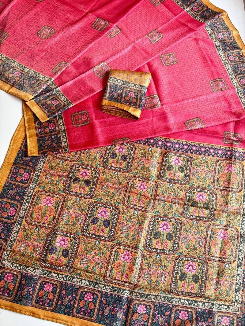 rani pink printed pasmina print with dori silk saree