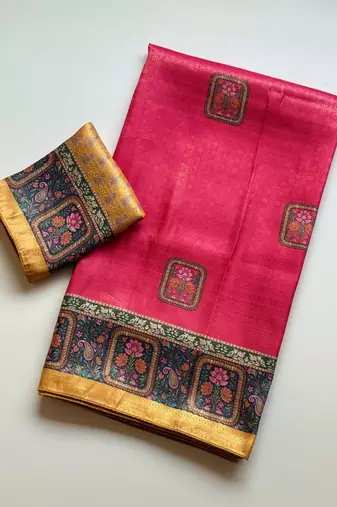 rani pink printed pasmina print with dori silk saree