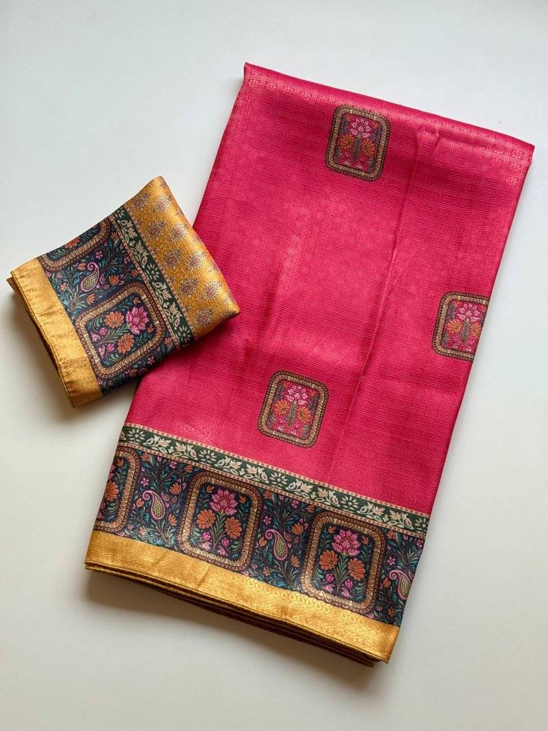 rani pink printed pasmina print with dori silk saree