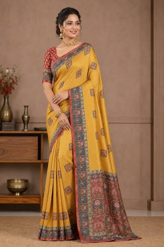 yellow printed pasmina print with dori silk saree