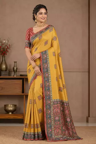 yellow printed pasmina print with dori silk saree