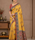 yellow printed pasmina print with dori silk saree