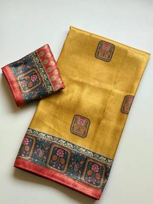 yellow printed pasmina print with dori silk saree 2