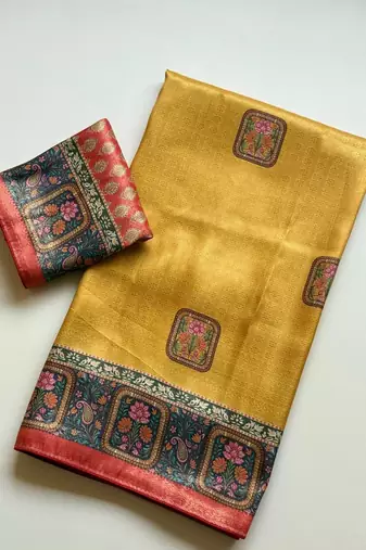 yellow printed pasmina print with dori silk saree