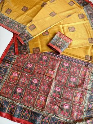 yellow printed pasmina print with dori silk saree 3