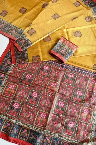 yellow printed pasmina print with dori silk saree