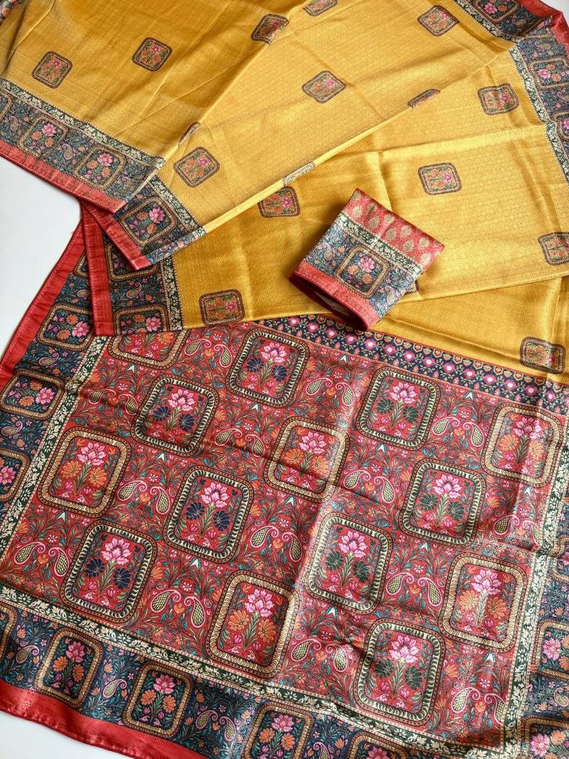 yellow printed pasmina print with dori silk saree