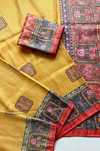 yellow printed pasmina print with dori silk saree