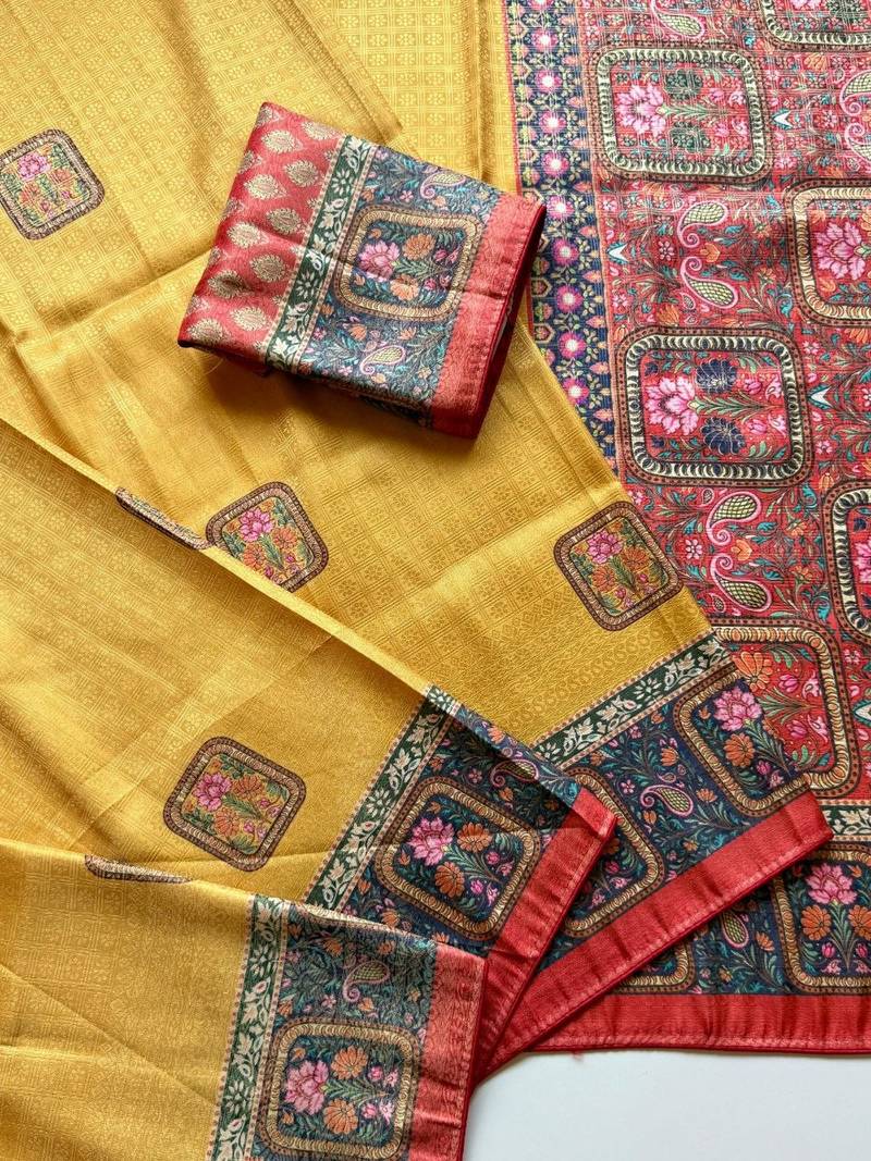yellow printed pasmina print with dori silk saree