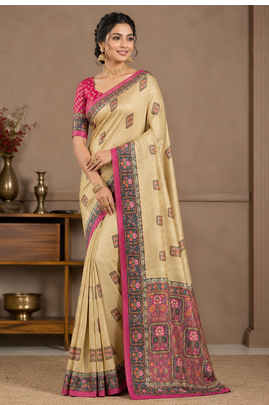 cream-pink printed pasmina print with dori silk saree 1