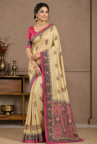 cream-pink printed pasmina print with dori silk saree