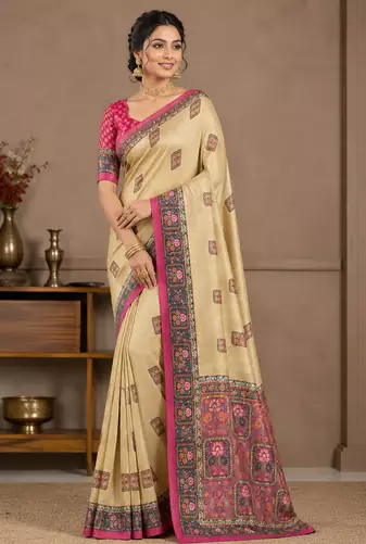 cream-pink printed pasmina print with dori silk saree
