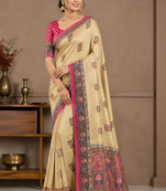cream-pink printed pasmina print with dori silk saree