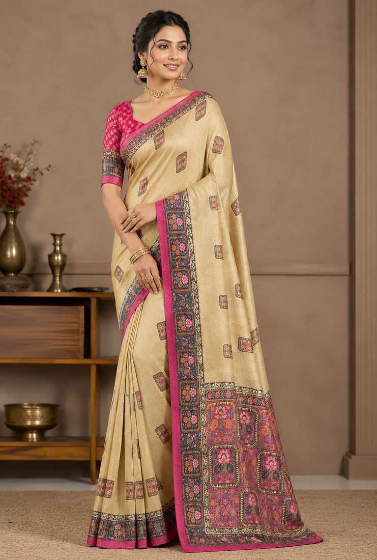cream-pink printed pasmina print with dori silk saree
