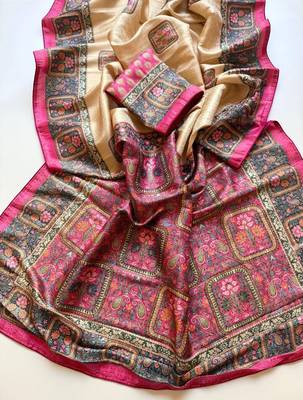 cream-pink printed pasmina print with dori silk saree 2