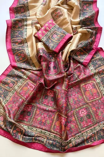 cream-pink printed pasmina print with dori silk saree