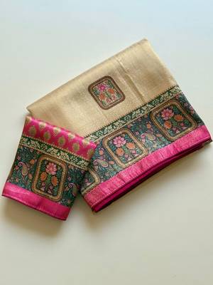 cream-pink printed pasmina print with dori silk saree 3