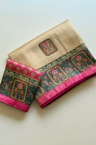 cream-pink printed pasmina print with dori silk saree