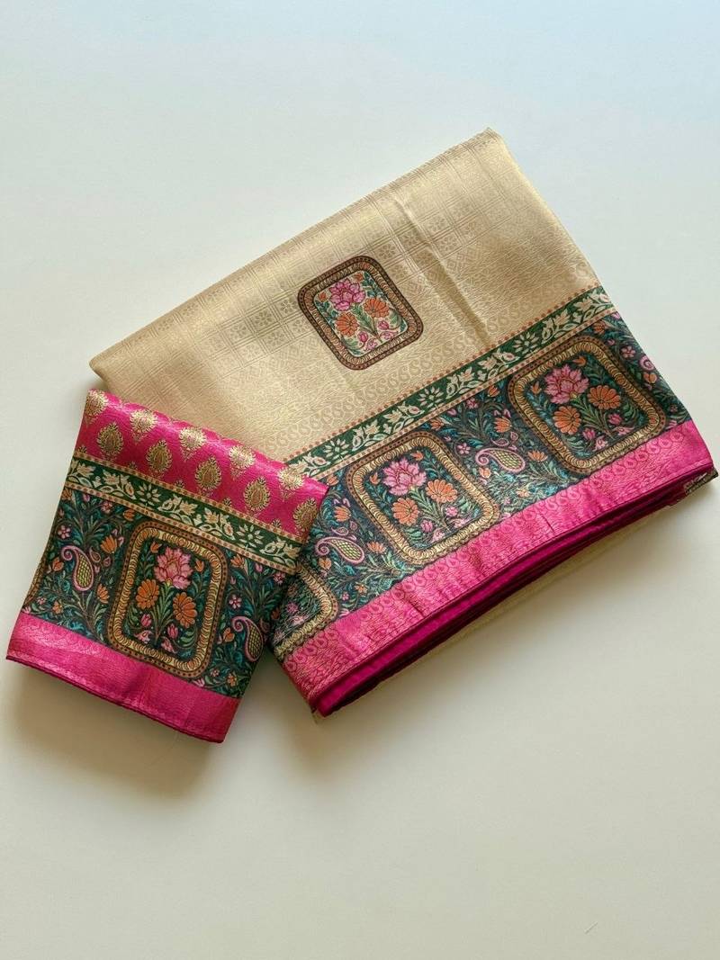 cream-pink printed pasmina print with dori silk saree