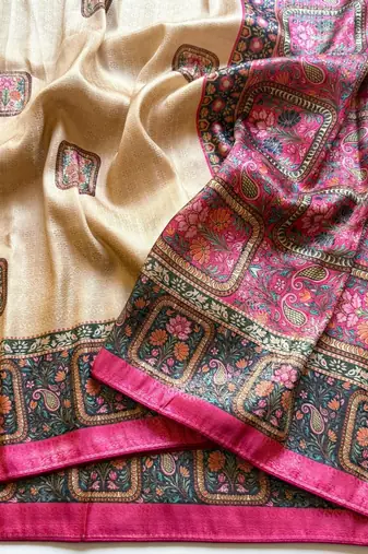 cream-pink printed pasmina print with dori silk saree