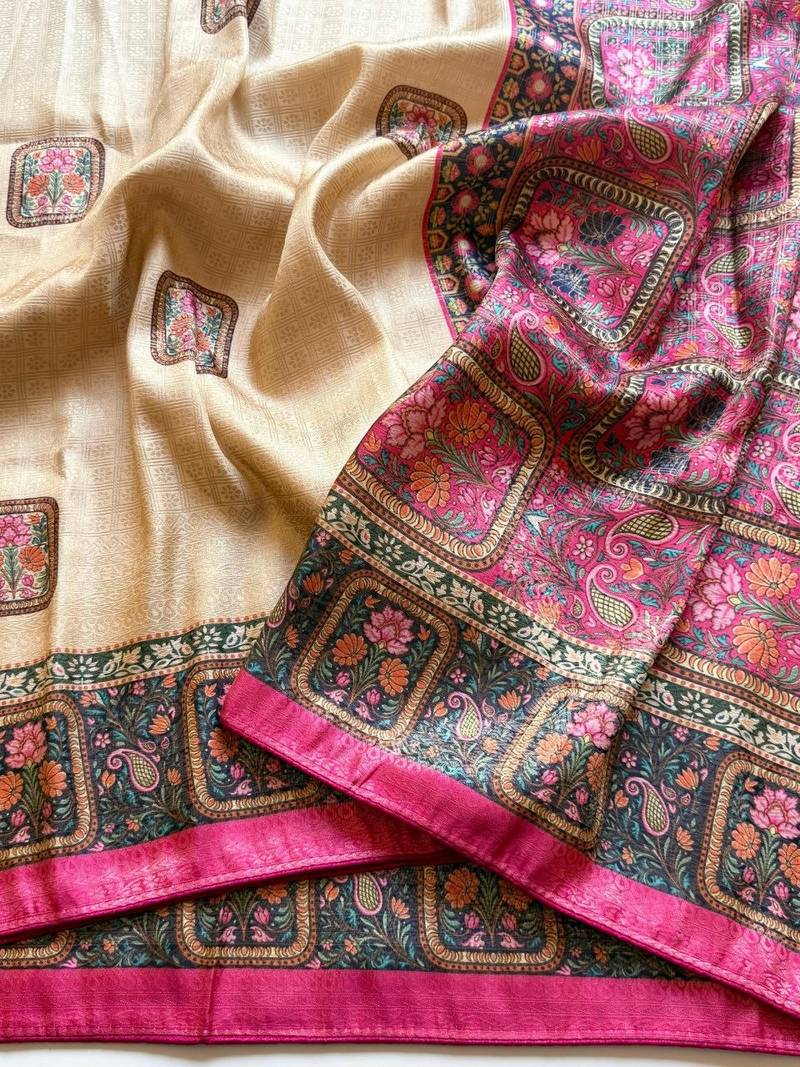 cream-pink printed pasmina print with dori silk saree