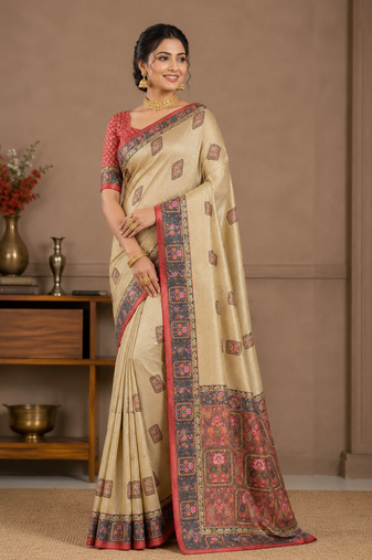 cream-red printed pasmina print with dori silk saree