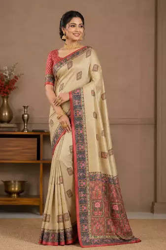 cream-red printed pasmina print with dori silk saree